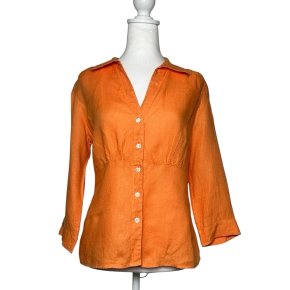 Talbots 3/4 Sleeve 100% Irish Linen Orange Button-Up Blouse Top Size 10 Petite - Picture 1 of 5